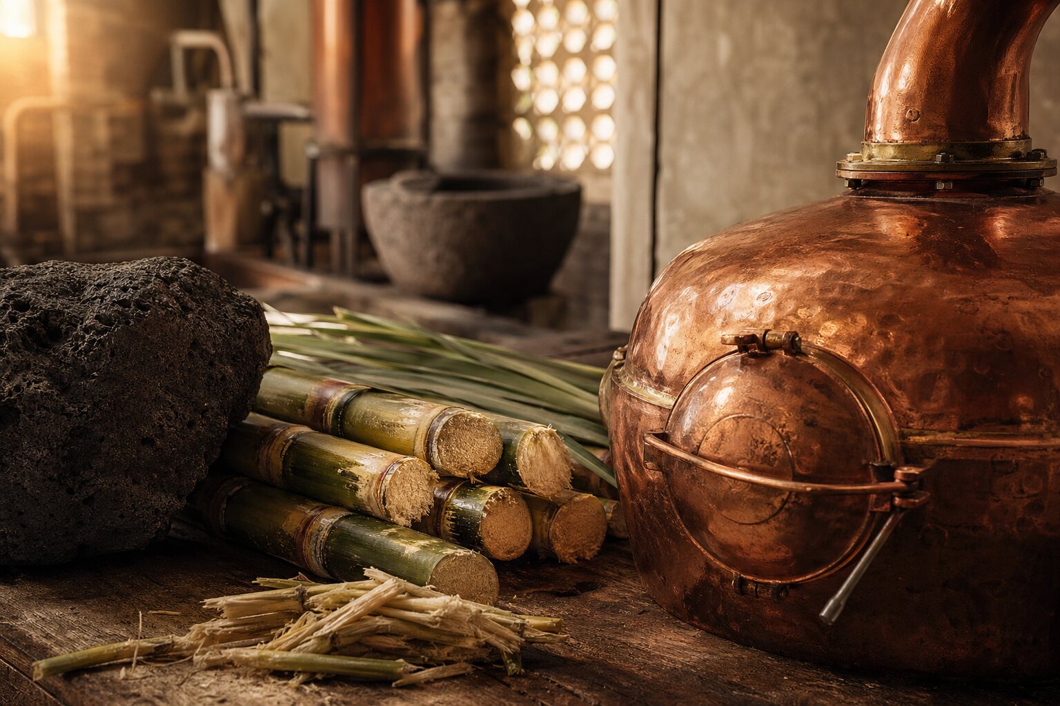 Copper still beside cut sugarcane and volcanic stone